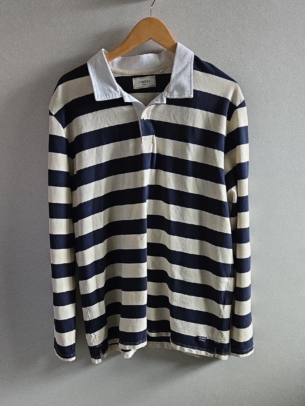 Men's Produkt Blue and Cream Striped Long Sleeved Polo Shirt XXL